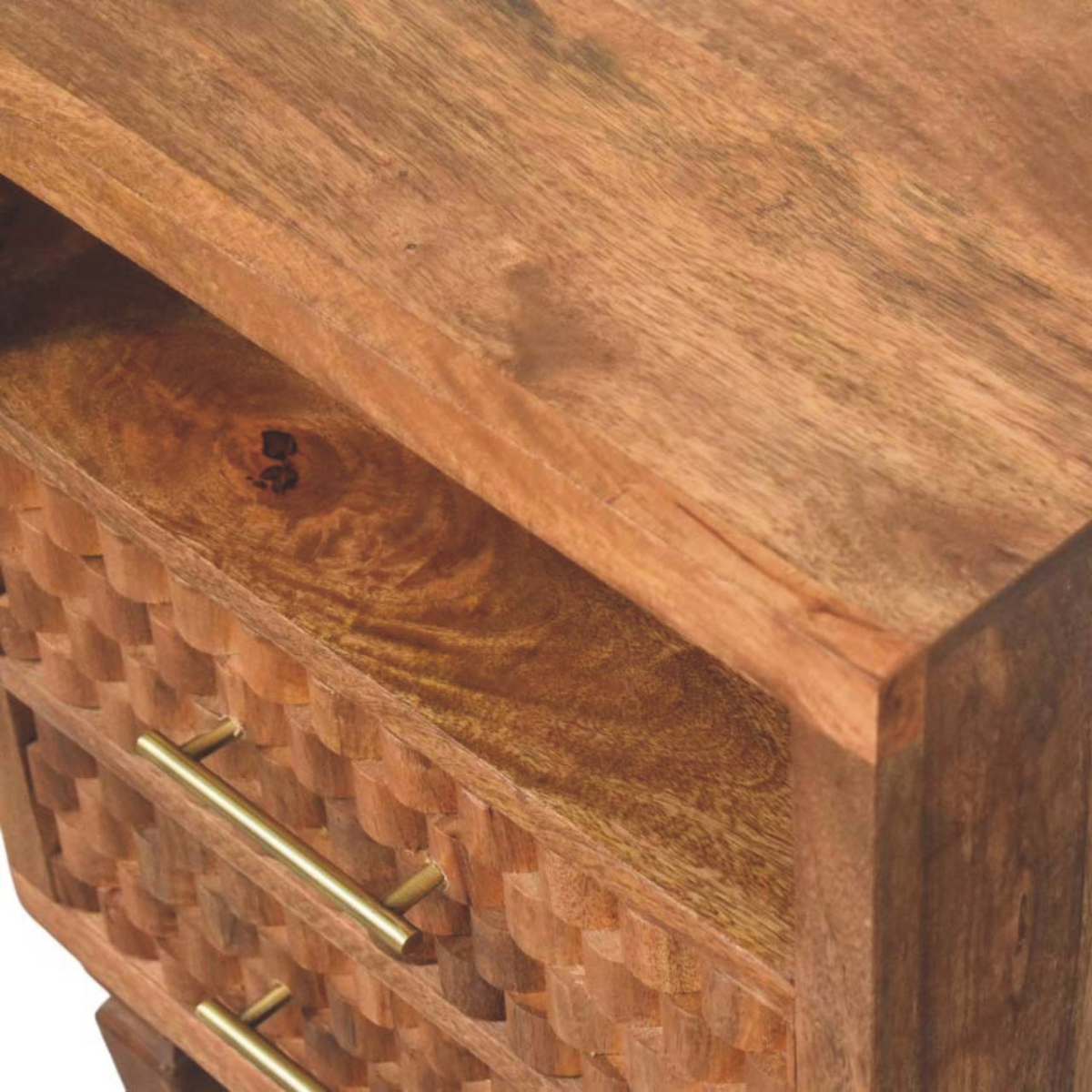 Artisan Furniture Solid Wood Arno Bedside in Golden Teak, 2 Drawers, 1 Open Slot, Beige