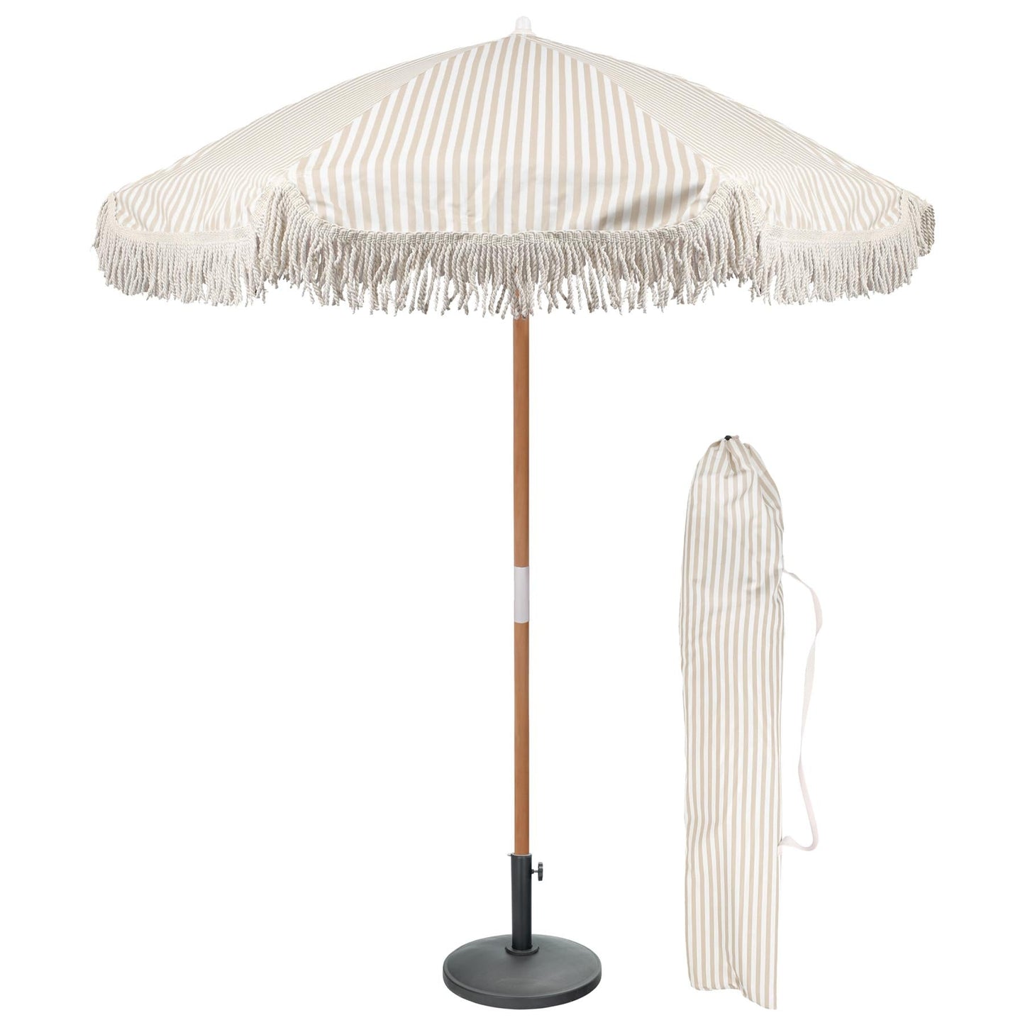 1.4M Tassel Fringed Wooden Garden Parasol & Base Set