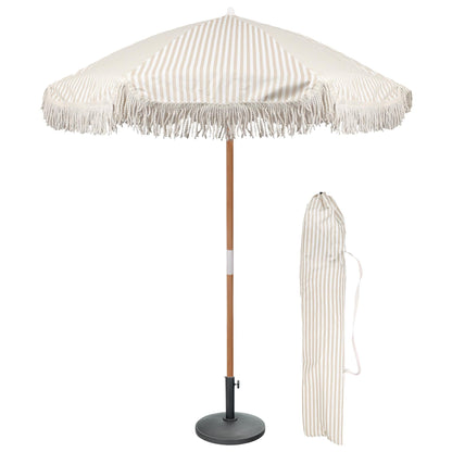 1.4M Tassel Fringed Wooden Garden Parasol & Base Set