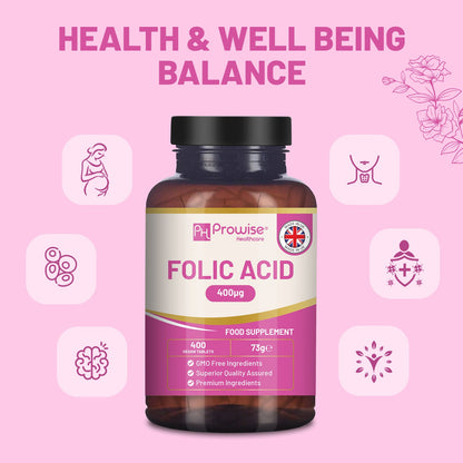 Folic Acid Tablets 400 mcg - 400 Vegan Vitamin B9 Tablets