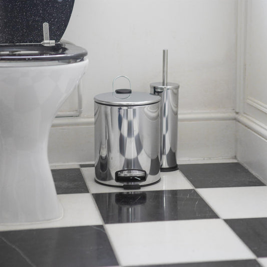 2pc 5L Chrome Round Stainless Steel Pedal Bin & Toilet Brush Set
