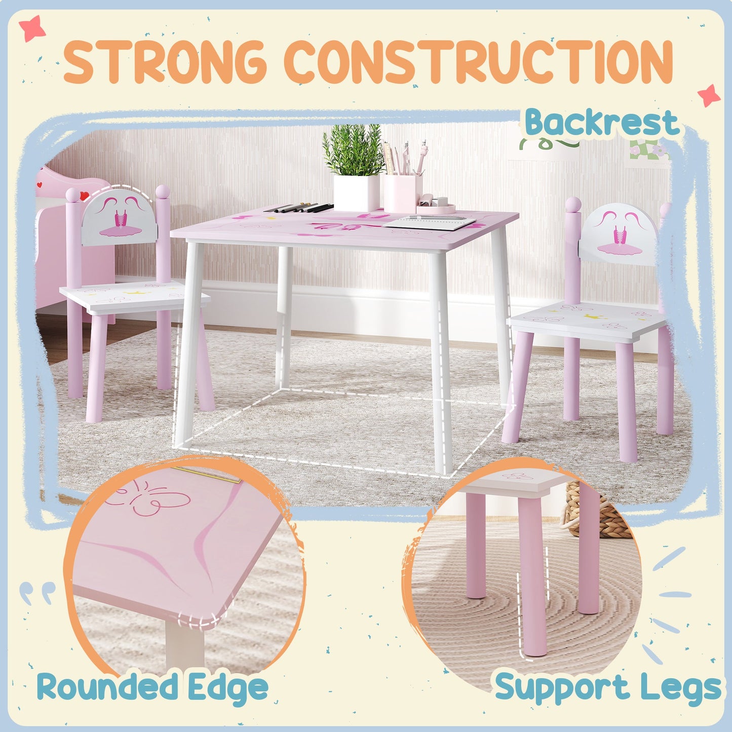 AIYAPLAY Princess Design Toddler Table and 2 Chairs Set, for Playroom