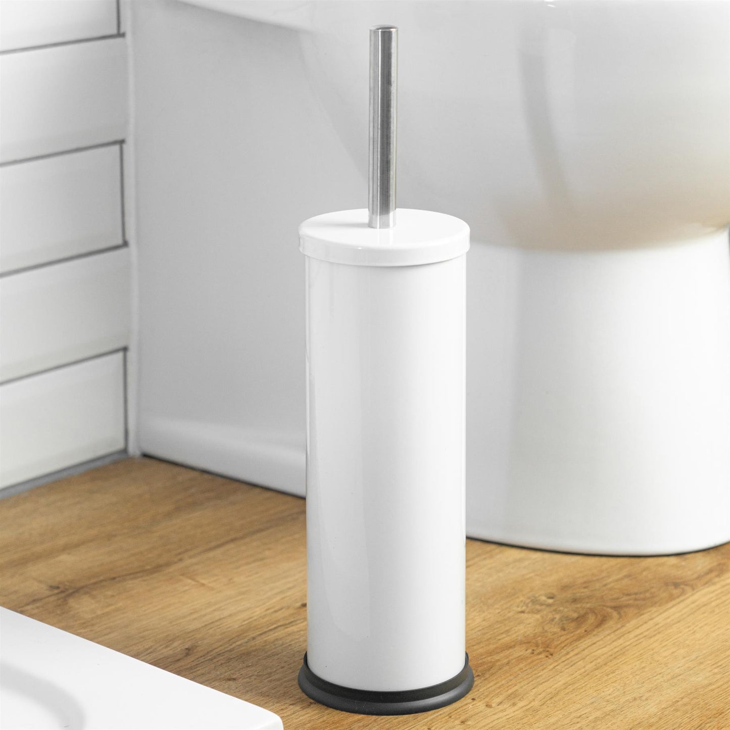 White Round Stainless Steel Toilet Brush & Holder