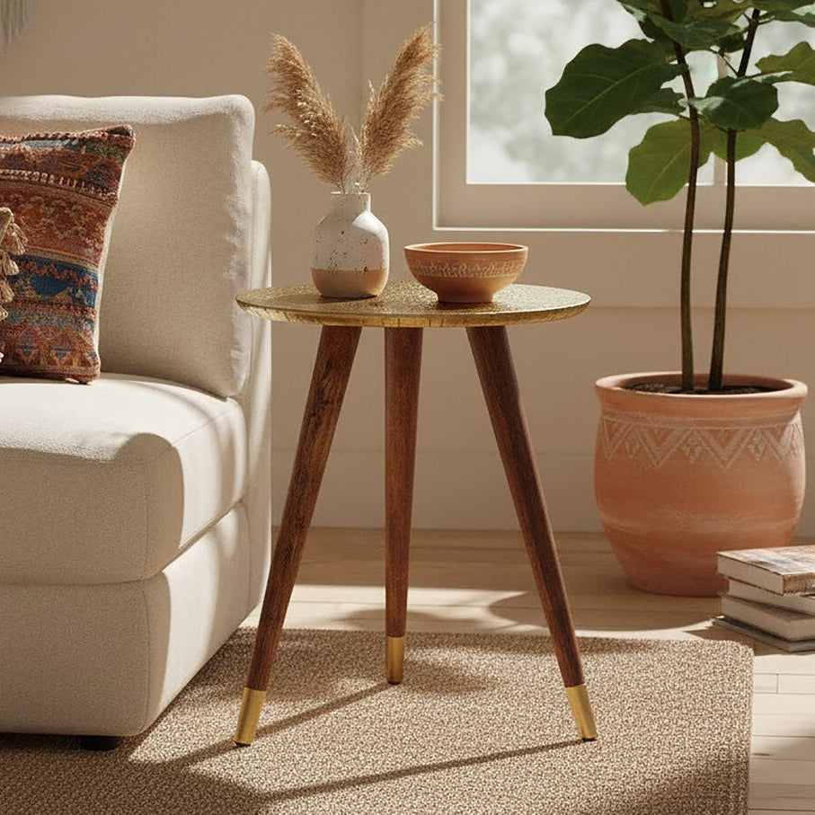 Boho Gold Finish Carved Metal Top Side Table