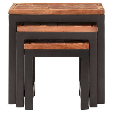 Artisan Set of Three Acacia Wood and Metal Nesting Tables