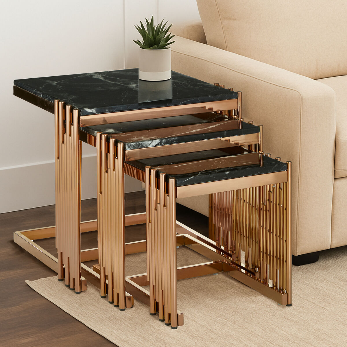 Alvaro Nest Of 3 Square Tables With Black Marble Top