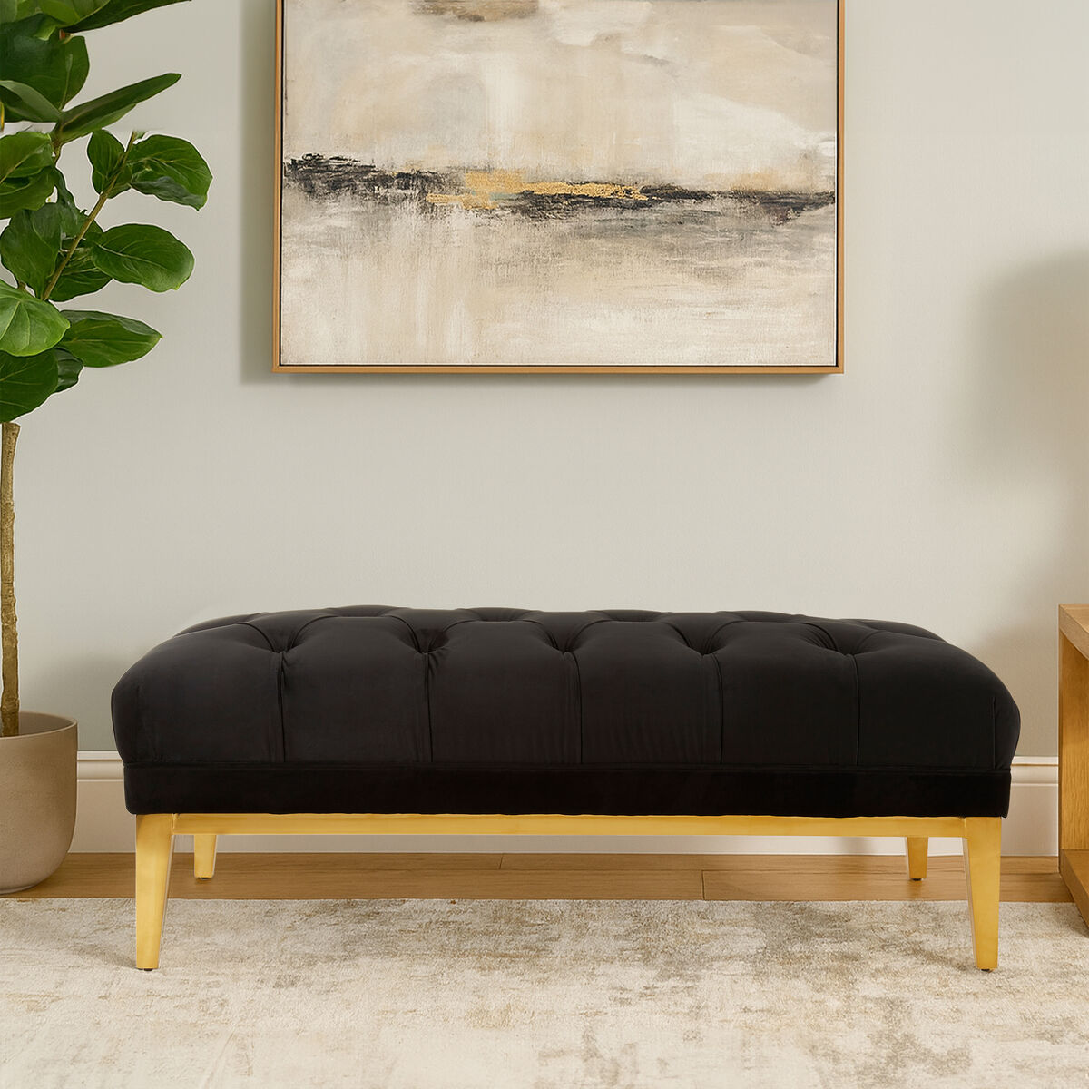 Piermount Black Velvet Button Tufted Bench
