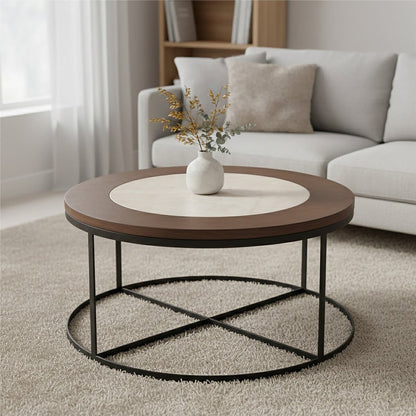 Vasco Wood and Marble Top Coffee Table with Black Iron Base