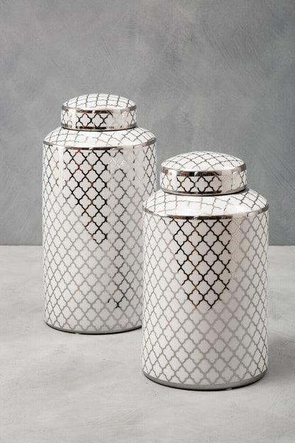 Renne White and Silver Large Ceramic Jar