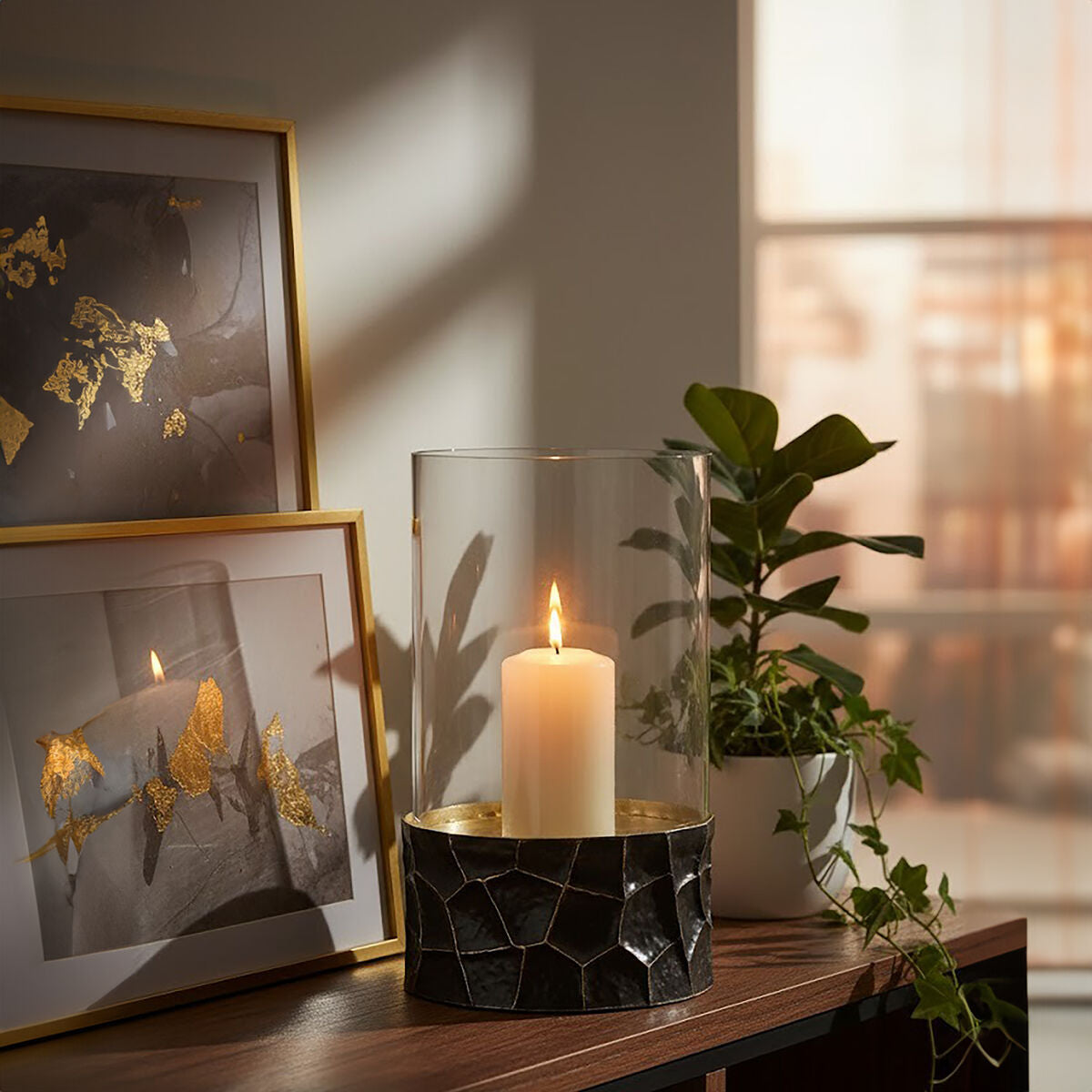 Akola Black and Gold Large Hurricane Candle Holder