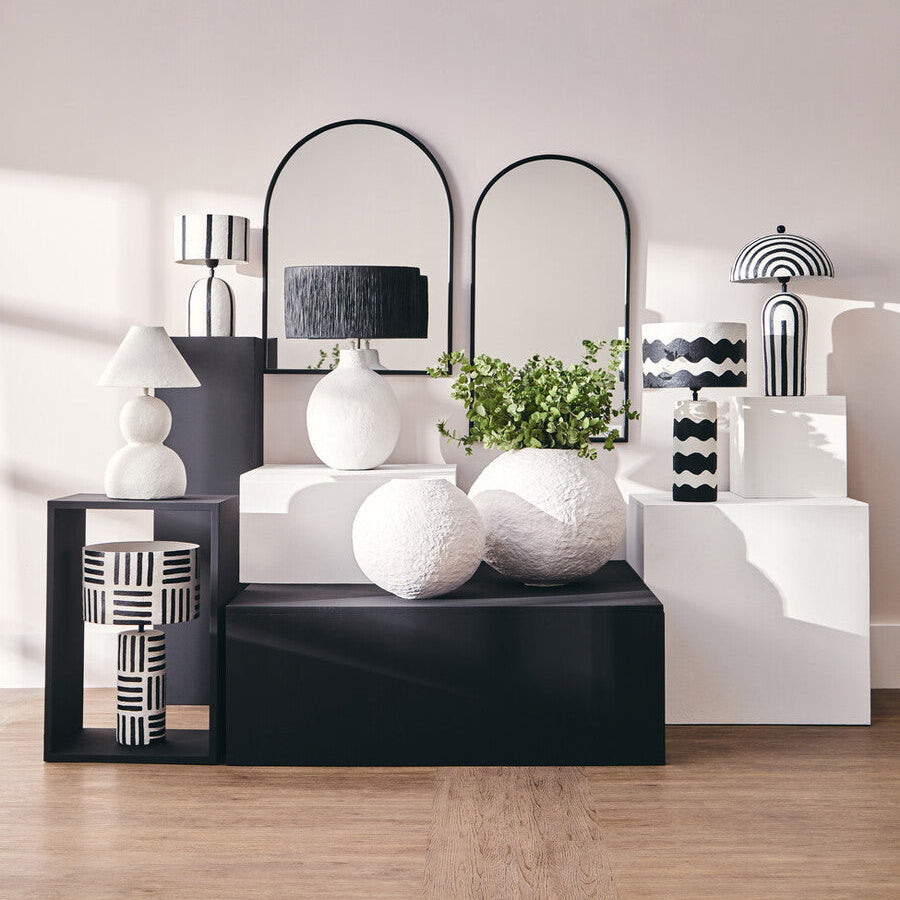 Carta Black And White Papier Mache Table Lamp with Geometric Lines