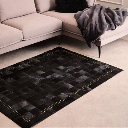 Bosie Safira Small Black hair on leather Patchwork Rug With Gold Studs