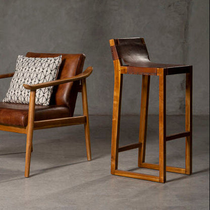Kendari Brown Leather Bar Chair with Teak Wood Frame