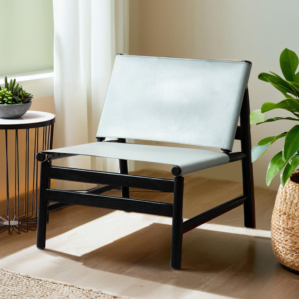 Kendari Grey Leather and Black Teak Modern Sling Chair