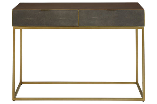 Dark Brown Shagreen Top Console Table with Two Storage Drawers and Gold Finish Iron Frame, Kempton