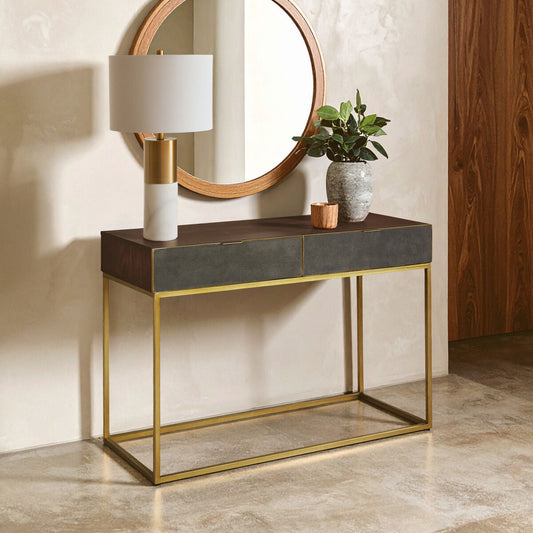 Dark Brown Shagreen Top Console Table with Two Storage Drawers and Gold Finish Iron Frame, Kempton