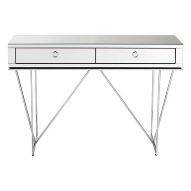 Silver Finish Mirrored Console Table with Ring Handles and Two Storage Drawers, Rovo