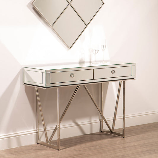 Silver Finish Mirrored Console Table with Ring Handles and Two Storage Drawers, Rovo