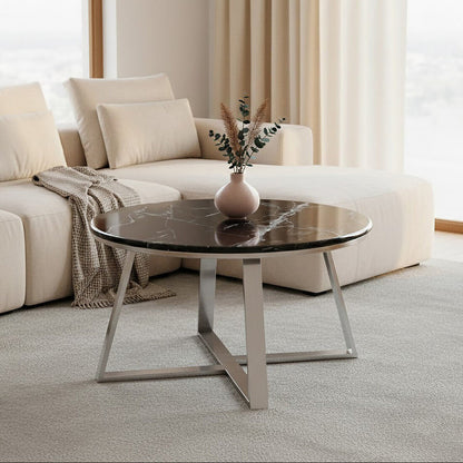 Alvaro Round Coffee Table With Black Marble Top