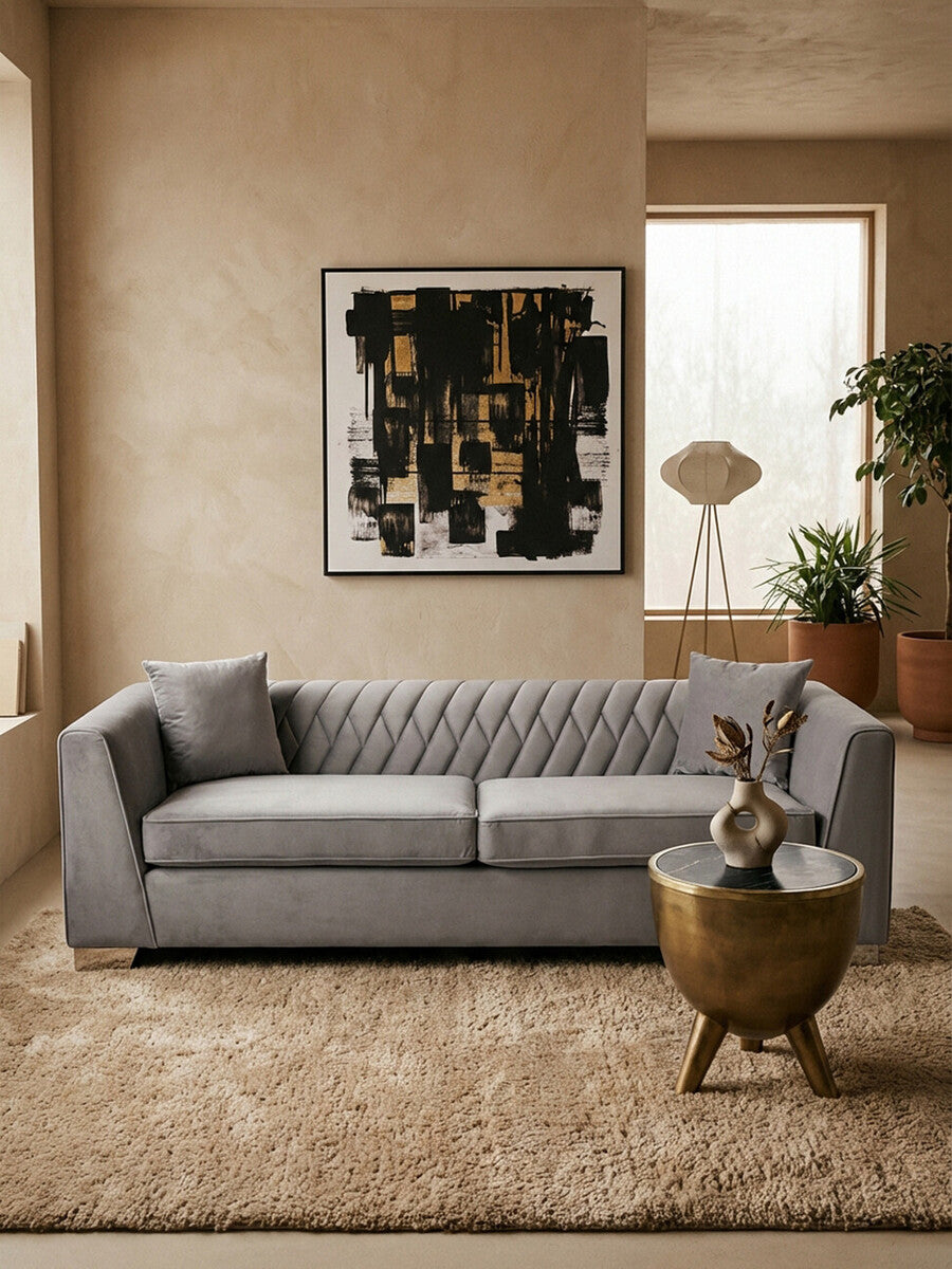 3 Seater Grey Velvet Sofa, Rashika