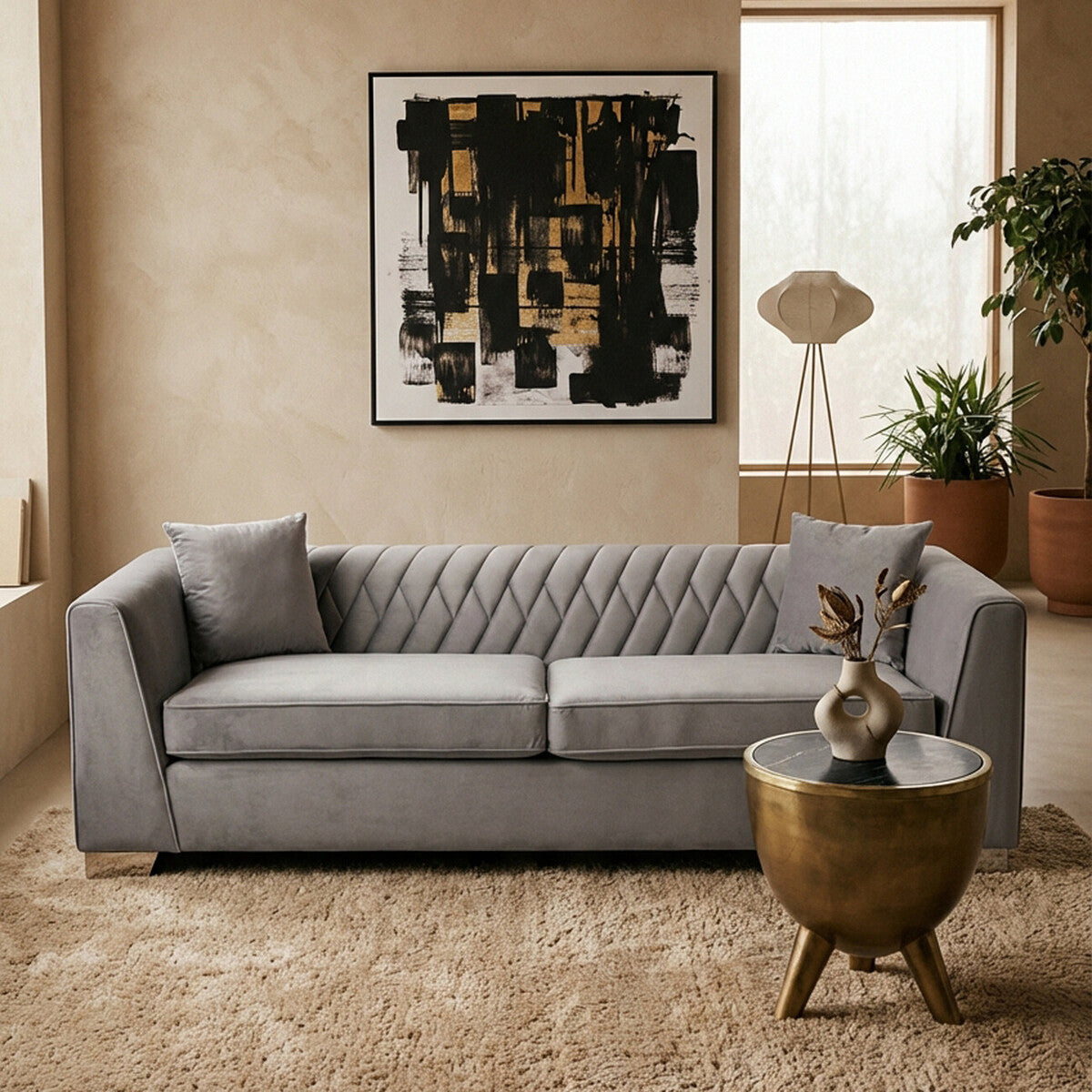 3 Seater Grey Velvet Sofa, Rashika