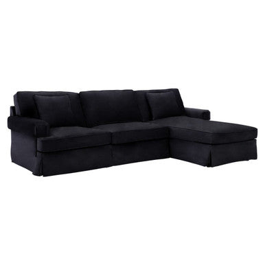 3 Seater Black Velvet Right Chaise Sofa, Ralph