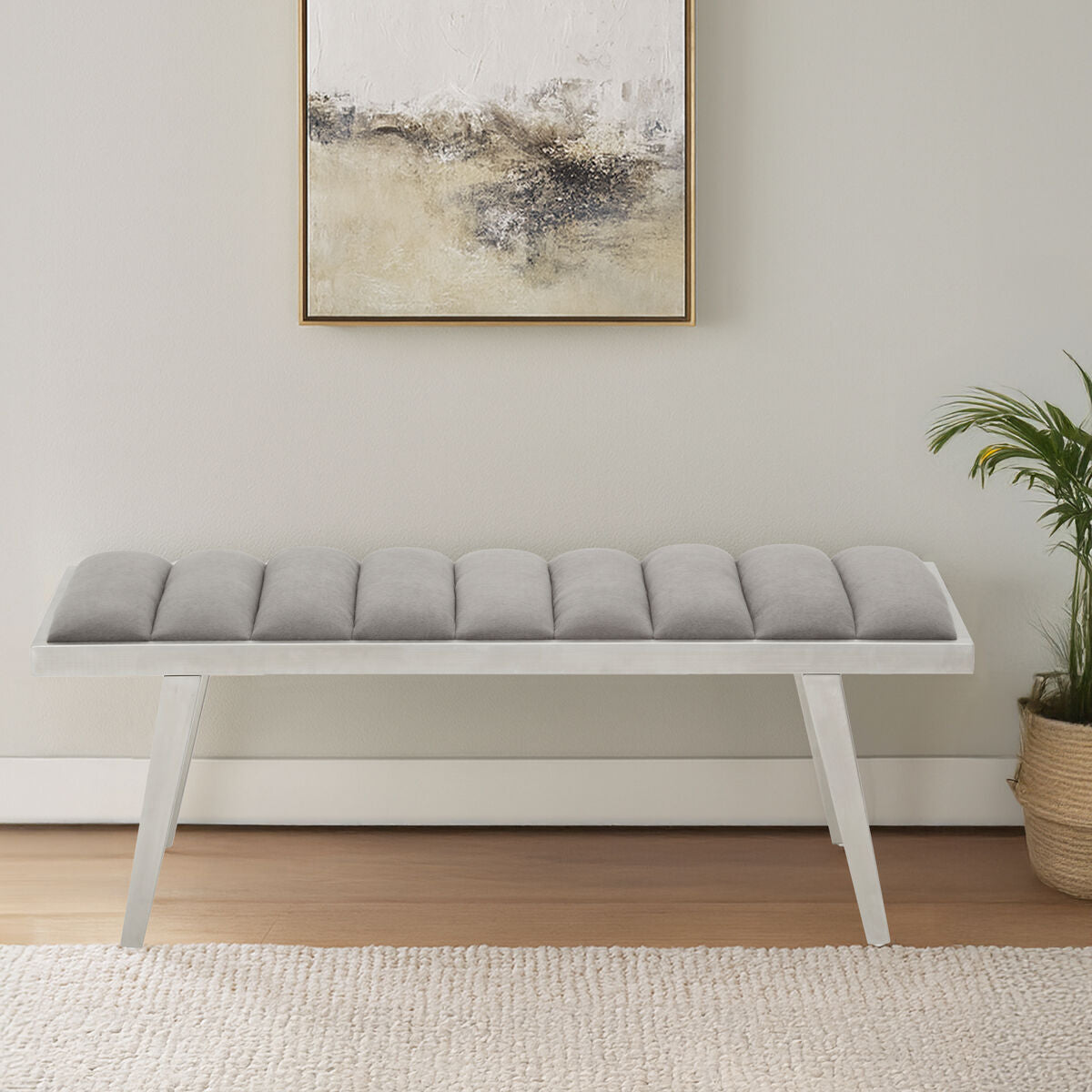 Gilden Grey Velvet Bench with Brused Silver Frame
