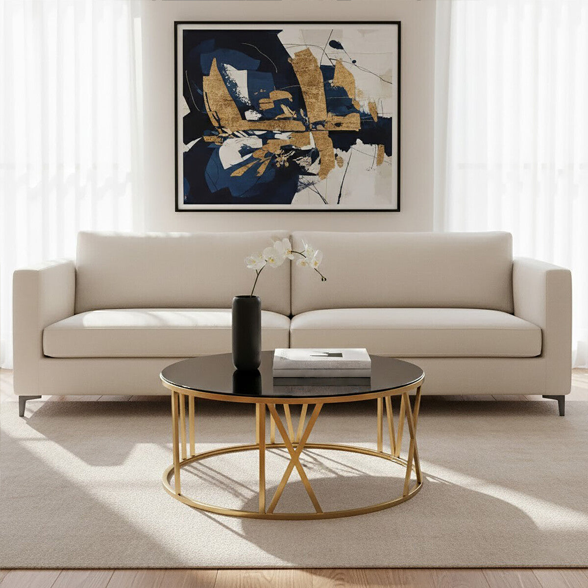 Alana Round Coffee Table with Gold Frame and Black Glass