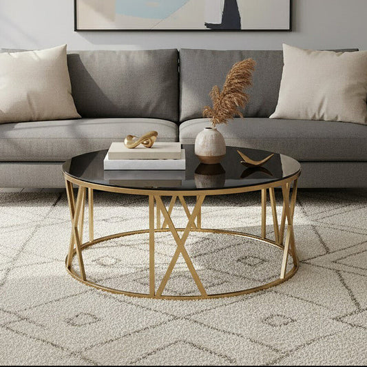Alana Round Coffee Table with Gold Frame and Black Glass