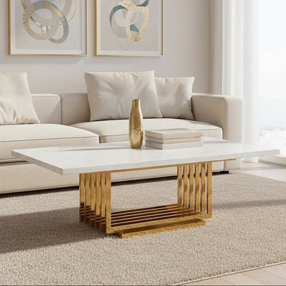 Moda Ivory White Faux Marble Coffee Table With Gold Finished Frame