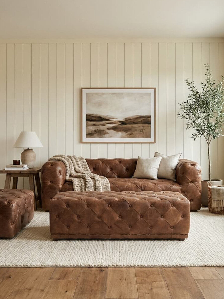 Brown Leather Rectangle Chesterfield Ottoman, Hoxton