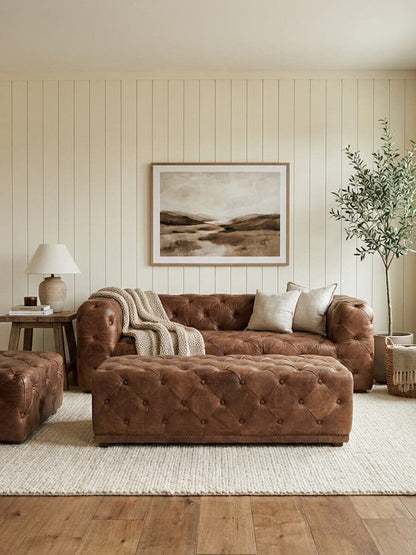 Brown Leather Rectangle Chesterfield Ottoman, Hoxton