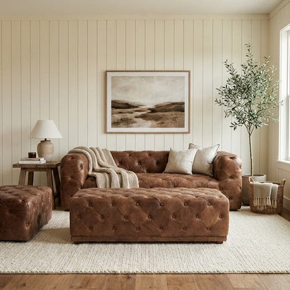 Brown Leather Rectangle Chesterfield Ottoman, Hoxton