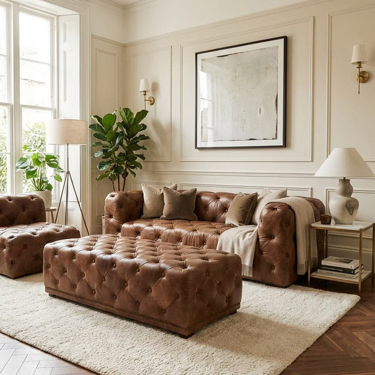 Brown Leather Rectangle Chesterfield Ottoman, Hoxton