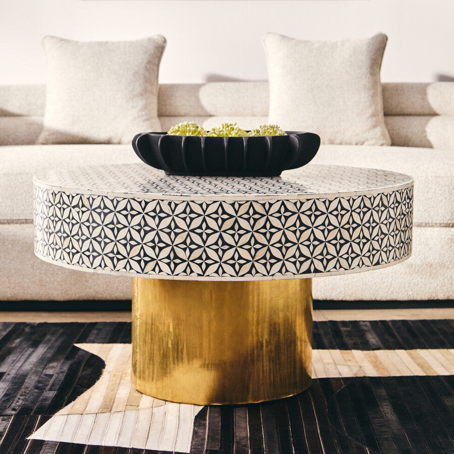 Fusion Round Bone Inlay Coffee Table With Gold Base