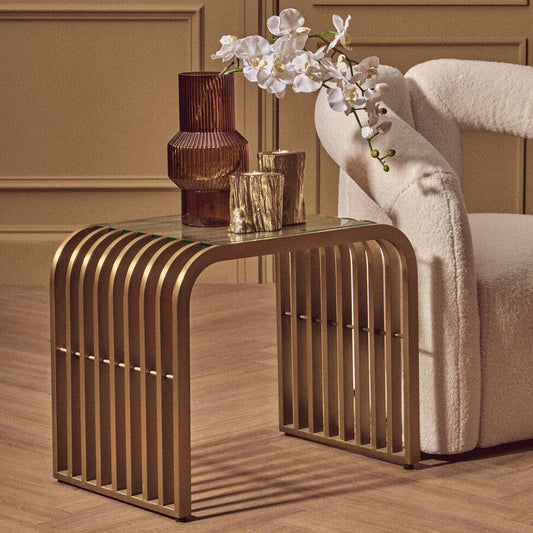 Matte Gold Slatted End Table with Clear Glass Top and Storage Shelf, Vogue
