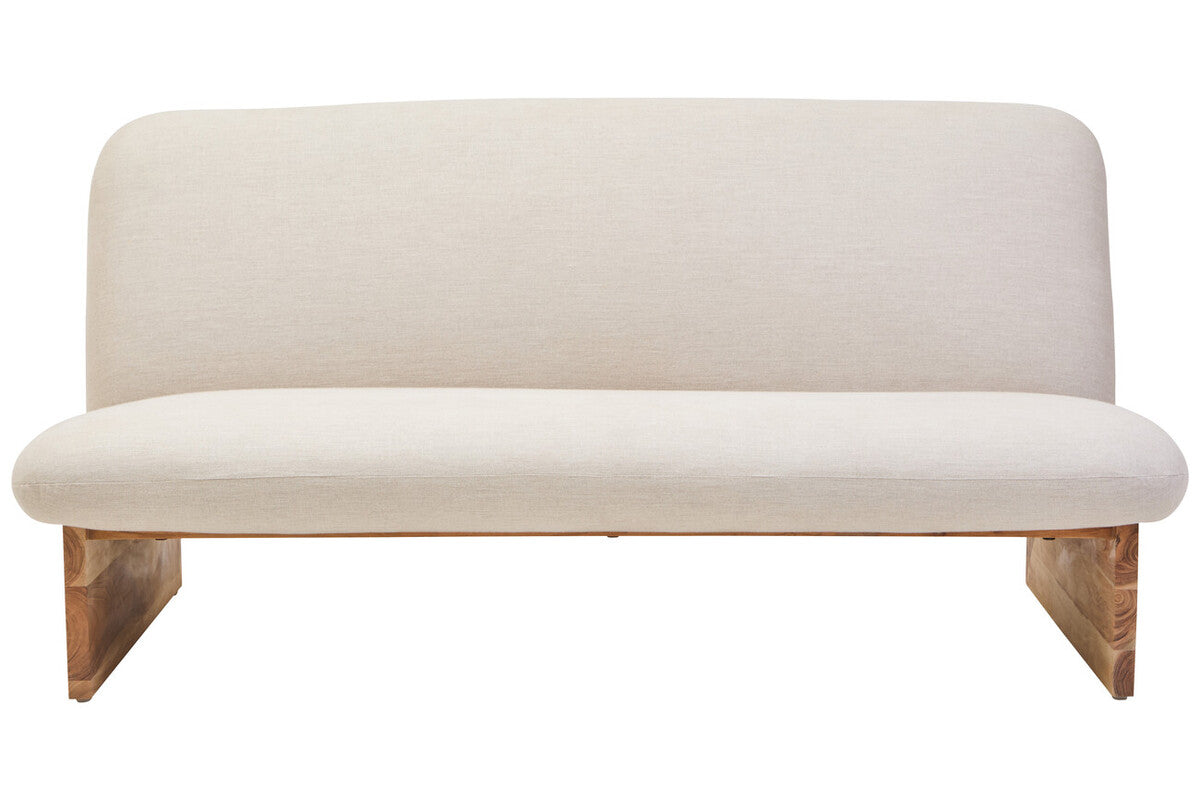 2 Seater Armless Cream Textured Linen Sofa with Wood Base, Parova