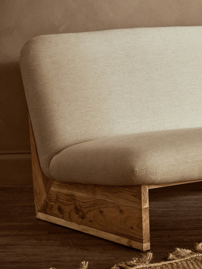 2 Seater Armless Cream Textured Linen Sofa with Wood Base, Parova