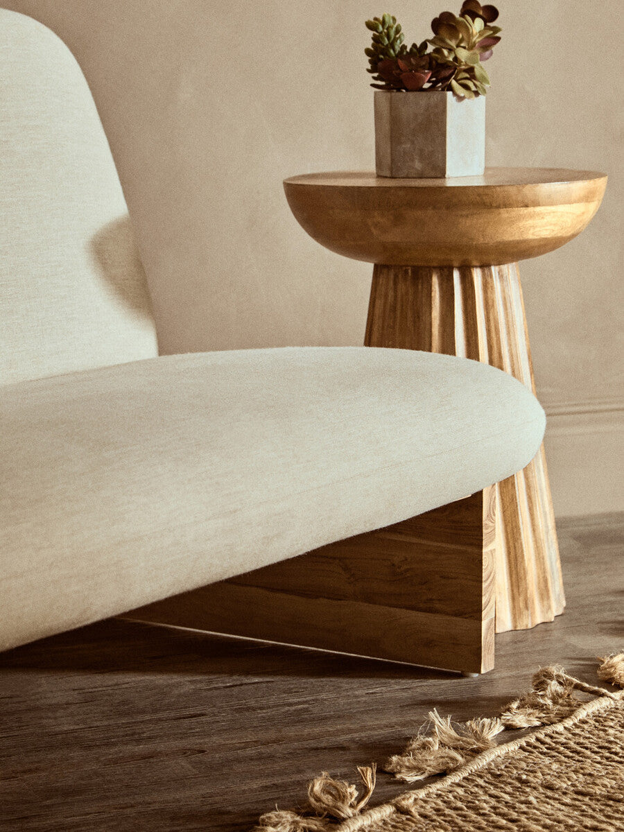 2 Seater Armless Cream Textured Linen Sofa with Wood Base, Parova