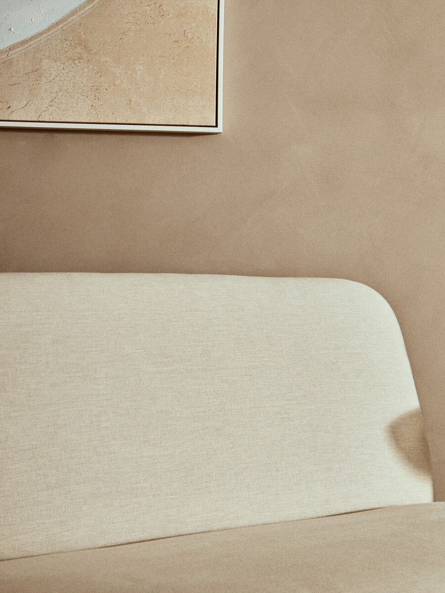 2 Seater Armless Cream Textured Linen Sofa with Wood Base, Parova