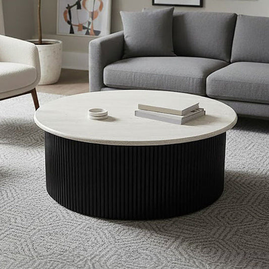 Walton Travertine Top Coffee Table with Black Acacia Wood Base