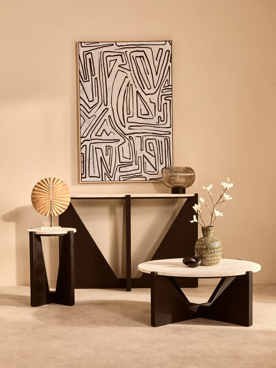 Winton Travertine Top Side Table With Black Acacia Wood Frame
