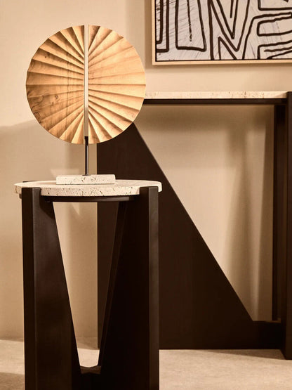 Winton Travertine Top Side Table With Black Acacia Wood Frame