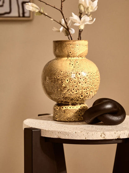 Winton Travertine Top Side Table With Black Acacia Wood Frame