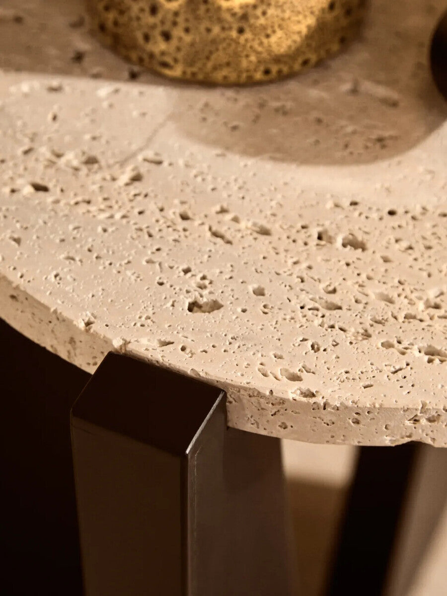 Winton Travertine Top Side Table With Black Acacia Wood Frame