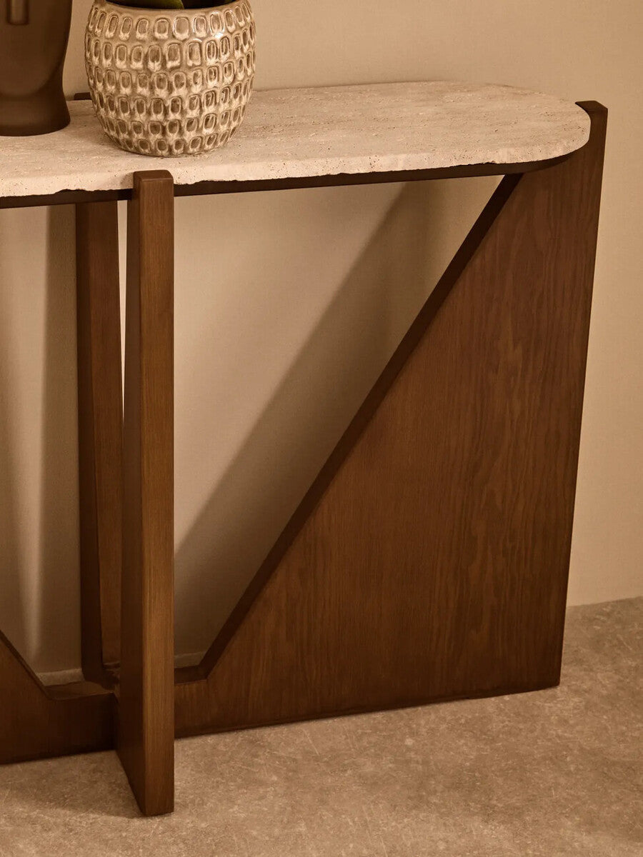 Winton Travertine Top Console Table With Acacia Wood Frame