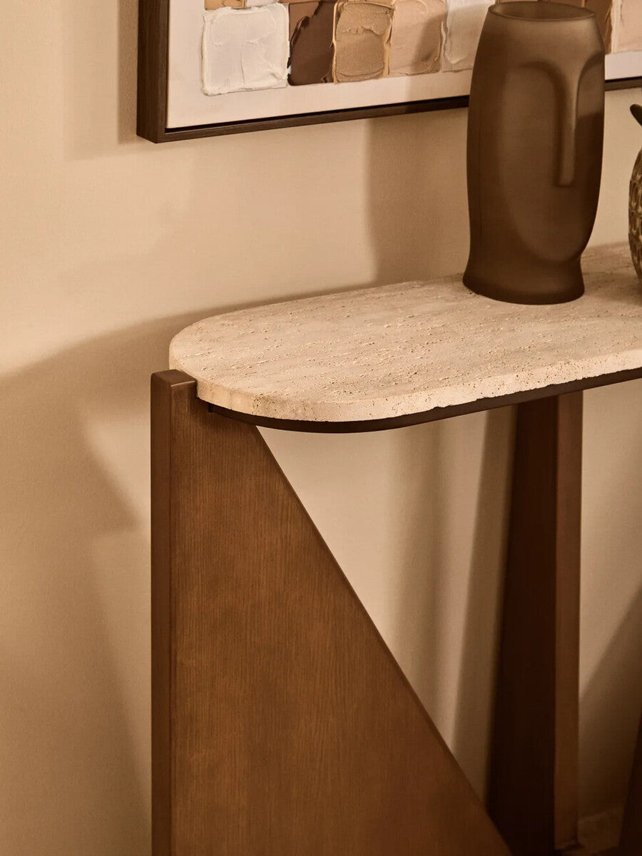 Winton Travertine Top Console Table With Acacia Wood Frame