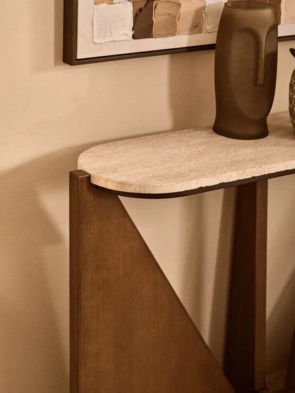 Winton Travertine Top Console Table With Acacia Wood Frame