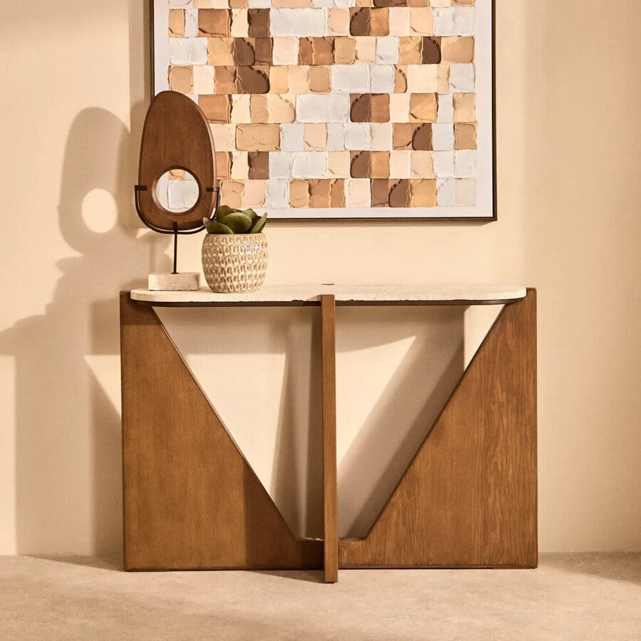 Winton Travertine Top Console Table With Acacia Wood Frame