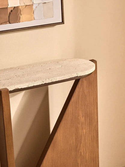 Winton Travertine Top Console Table With Acacia Wood Frame